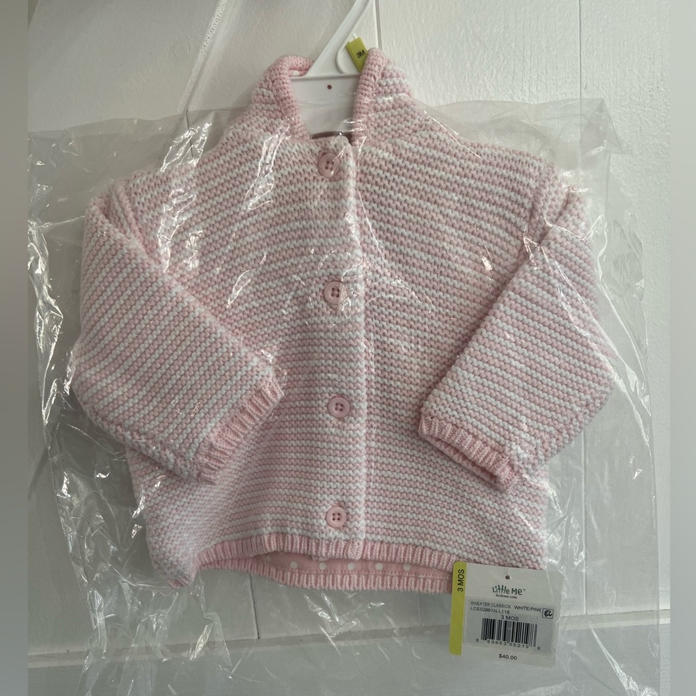 Little Me Pink and White Knit Baby Sweater